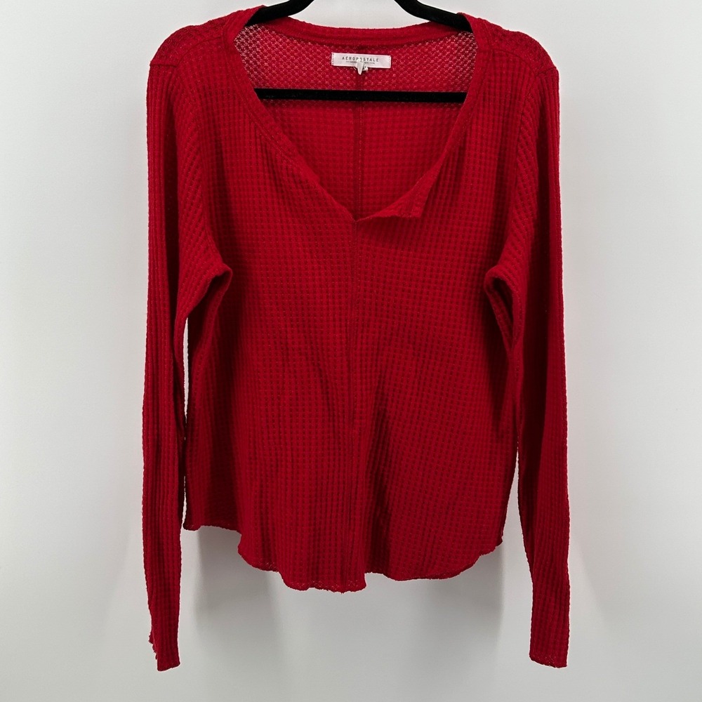 Aeropostale Red Waffle Knit Long Sleeve Henley Top XL Y2K Preppy Winter Gorpcore